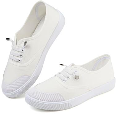 Imagem de Tênis feminino de lona branco leve com cadarço moderno confortável sapatos de lona cano baixo sem cadarço casual tênis caminhada calçados femininos, Cadarço elástico branco, 36