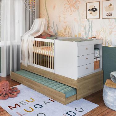 Imagem de Berço Bebê Multifuncional 3 Gavetas com Cama Auxiliar Aveiro Oak/Branco - Completa Móveis