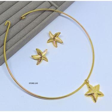 Imagem de Kit Colar e Brincos Feminino Choker Elo Aro Fio Rígido com Pingente Es