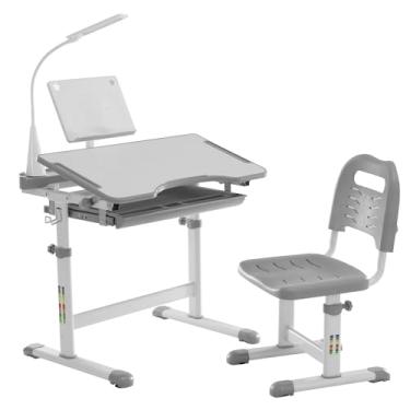 Imagem de Diroan Conjunto de mesa e cadeira para crianças, mesa de estudo escolar infantil ergonômica ajustável com altura inclinada, suporte para livros, luz LED, gancho de metal e gaveta de armazenamento para