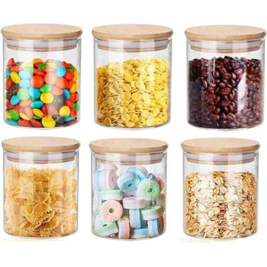 Imagem de 6 Potes De Vidro Hermetico Condimentos Tampa De Bambu 450ml - Majestic