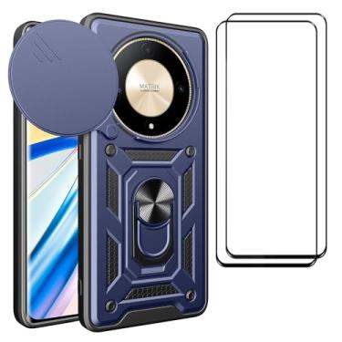 Imagem de CNPUTAO Capa para Honor X9b / Magic 6 Lite 5G com protetor de tela de vidro temperado [2 unidades], janela deslizante para câmera, suporte, capa de telefone de camada dupla antiarranhões à prova de