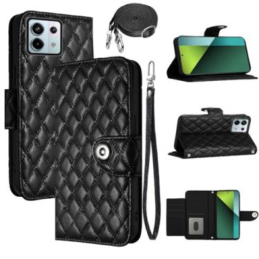 Imagem de Dswteny Capa carteira para Xiaomi Redmi Note 13 5G com alça de ombro transversal, padrão Argyle, suporte para cartão de crédito, suporte para celular para Redmi Note13 5G meninas mulheres preta