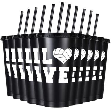 Imagem de Potchen 12 peças de copos de vôlei de 680 g copo de vôlei com tampas e canudos, copos reutilizáveis, lembrancinhas de festa de bola esportiva para fãs de vôlei, aniversário, escola, suprimentos de