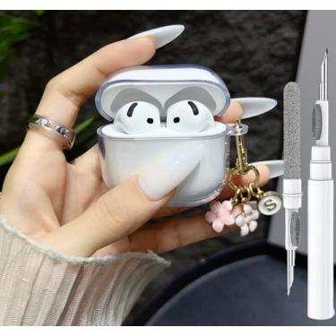 Imagem de Linda capa transparente para Airpods 4 para meninas e mulheres, compatível com Airpod 4ª geração com chaveiro de flores e caneta de limpeza, capa protetora transparente de TPU macio para Apple iPod 4