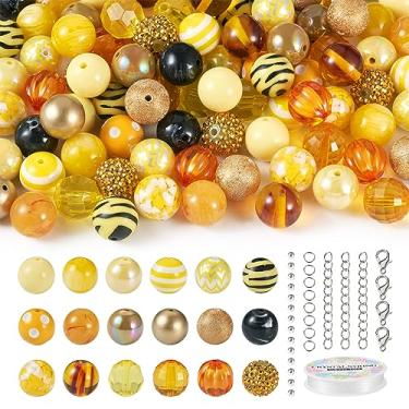 Imagem de Cheriswelry Conjunto de 240 peças de contas de chiclete grosso com tema amarelo de 20 mm com contas de resina acrílica espaçadoras, anéis de salto, fechos de lagosta, corrente torcida, fio elástico para pulseiras, acessórios para fazer joias