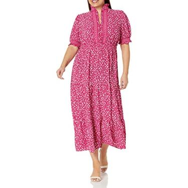 Imagem de London Times Vestido feminino fácil feminino versátil decote com babados na cintura, Jubileu de cerejas/branco macio, 25 Plus Size