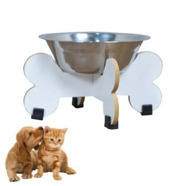 Imagem de Comedouro Elevado Pet Gato Cachorro MDF Modelo Osso 11 cm - Inox - Mad