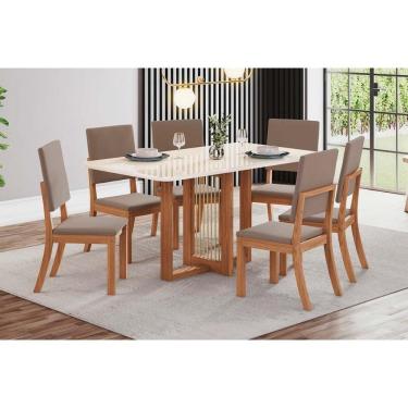 Imagem de Conjunto: Mesa Sala Jantar Natalí c/ Tampo Madeirado c/ Vidro Curvo 160x80cm e 6 Cadeiras Milla Nature/Suede Light Marrom Amêndoa - Henn