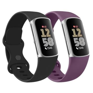 Imagem de Pacote com 2 pulseiras de silicone para Fitbit Charge 6/Fitbit Charge 5, pulseiras de substituição esportivas macias clássicas para mulheres e homens (preto + roxo, grande)