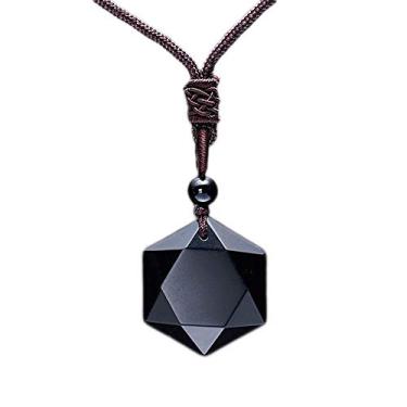 Imagem de Colar de pedra natural hexagonal obsidiana preta da MENGLINA, colar translúcido de dente de lobo obsidiano, amuleto para ele e para ela, colares para casais, colar com pingente Lucky Love para homens e mulheres