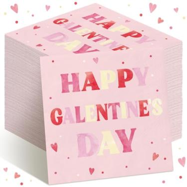 Imagem de Fanfanwin Pacote com 100 guardanapos Happy Galentine's Day Guardanapos Descartáveis Dobrados 25 x 25 cm Decorações de Festa do Dia dos Namorados Toalha de Papel Rosa Toalha Descartável para Dia dos
