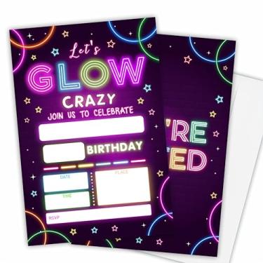 Imagem de Nuckxy Convites de festa de aniversário Let's Glow Crazy - Convite brilhante para menina menino, convite de festa neon, luzes neon - 20 cartões de convite neon preenchidos com envelopes, lembrancinhas