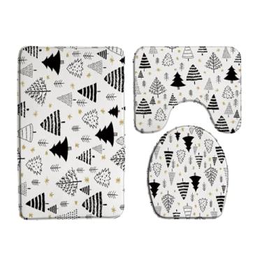 Imagem de GCTNBJL Conjunto de tapetes de banho de Natal de 3 peças, preto e branco, árvore de Natal, floco de neve dourado, tapete de espuma viscoelástica para banheiro, 45,7 cm x 76 cm, capa de assento de vaso