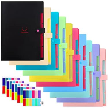 Imagem de 10 pastas de arquivo expansíveis, organizador de documentos sanfonado tamanho carta A4, pasta sanfonada de plástico com 5 bolsos, pasta de arquivos expansível com fecho de pressão, 120 etiquetas em 12