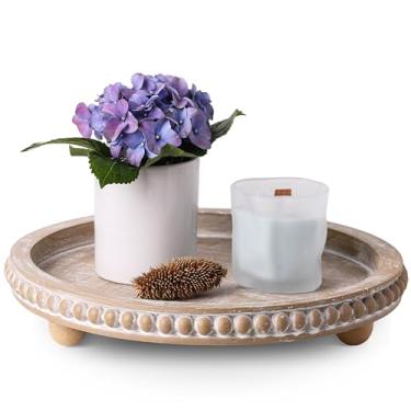 Imagem de Nacidooka Bandeja decorativa de mesa de café, bandeja redonda de madeira, decoração - casa de fazenda rústica envelhecida com contas bege - centros de mesa para sala de jantar, entrada de cozinha