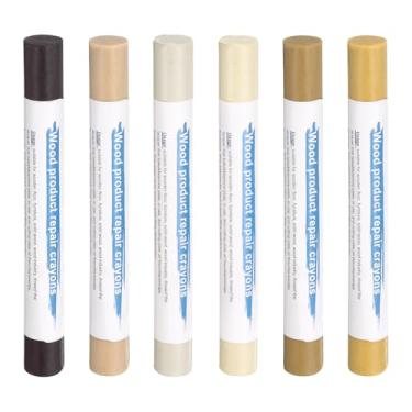 Imagem de HARFINGTON Bastões de enchimento de madeira, 6 cores, cera de madeira, retoque de móveis, gizes de cera para reparo de móveis, marrom médio, bordo branco, bordo, bege, cinza claro, carvalho escuro