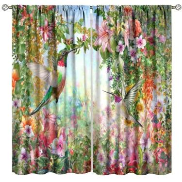 Imagem de Cortinas florais de primavera beija-flor, flor rosa, aquarela, borboleta, beija-flor, natureza, estampa para janela, para quarto, sala de estar, cozinha, decoração, conjunto de 2 painéis, decoração de