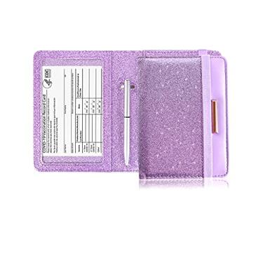 Imagem de Caweet Capa para cartão de vacina, porta-passaporte, carteira de couro para cartão de vacinação com fecho elástico, Glitter roxo