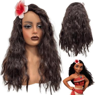 Imagem de Peruca Moana cacheada volumosa castanho claro flor cosplay