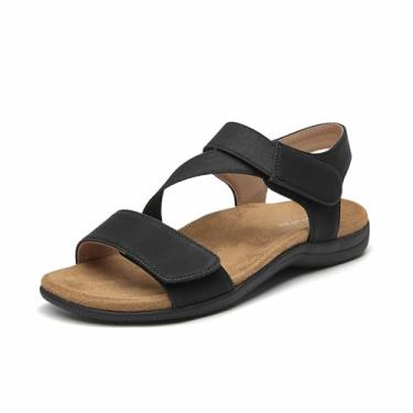Imagem de SelenePair Sandália feminina com suporte de arco para caminhada confortável ortopédica com fecho de velcro, Poliuretano nobuck preto, 37
