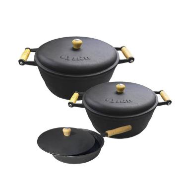 Imagem de Jogo Panela De Ferro Caçarola Alça De Madeira Frigideira N13