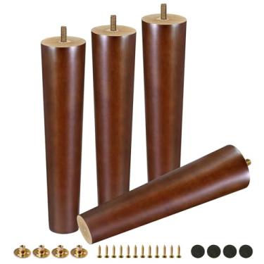 Imagem de FoDau770 Pernas de móveis de madeira de borracha marrom 25 cm, pés de madeira afunilados retos de meados do século conjunto de 4, pés de móveis UNC de 5/40.6 cm para armário, sofá, cômoda, cadeira
