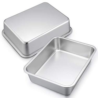 Imagem de P&P CHEF Conjunto de formas de lasanha, assadeira retangular de aço inoxidável para brownie/bolo/carne, não tóxica e resistente, borda profunda e enrolada, superfície escovada e lavável na lava-louças