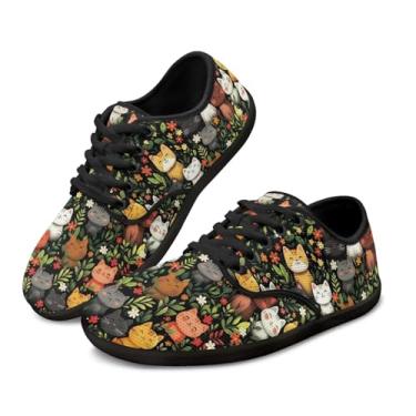 Imagem de GOSTONG Sapatos femininos descalços com cadarço zero sola antiderrapante tênis de caminhada bico largo fitness e cross-training preto tamanho 36-13,5, Gatos e florais, 9.5 Wide
