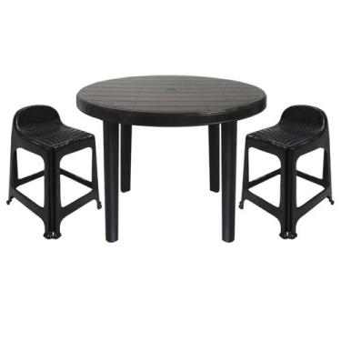 Imagem de Mesa Redonda Desmontável de Plástico 94cm Preta + 2 Banquetas Com Enco