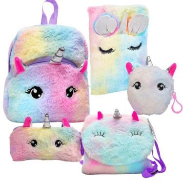 Imagem de Mochila Bolsas Estojo Caderno Kit Escolar Pelúcia Unicórnio - Polibrin