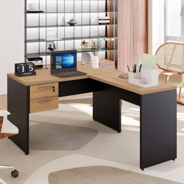 Imagem de Mesa para Escritório Diretor em L com Gaveteiro Suspenso Marrom/Preto