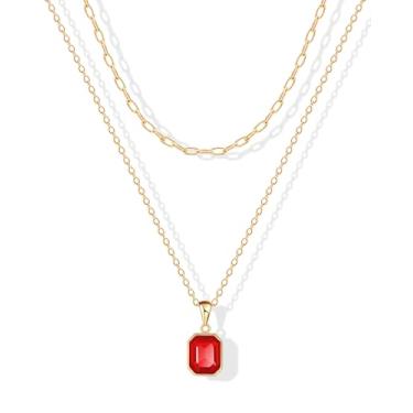 Imagem de ACECHA Colares femininos em camadas de ouro, banhado a ouro 18 k, corrente de clipe de papel, gargantilha com pingente de pedra de nascimento de cristal retangular delicado verde esmeralda joias