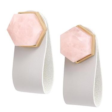 Imagem de SUNYIK Pacote de 2 maçanetas hexagonais para armário de ponta de cristal com parafusos de pedra polida puxador de gaveta puxadores decorativos com pingente de couro cinza, quartzo rosa