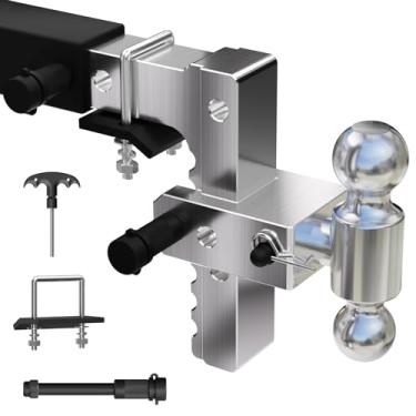 Imagem de IBESTWOLF Engate de reboque ajustável, engate de queda e ascensão de 20 cm serve para receptor de 5 cm, 3.628.7-5.669 kg dupla bola de alumínio resistente engate com pinos de engate de bloqueio e