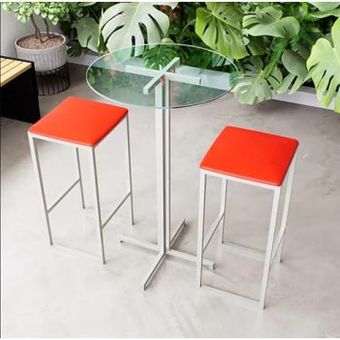 Imagem de Conjunto Mesa Alta Bar Bistrô Redonda Vidro 2 Bancos Estofado Industrial White (Aço, Vermelho)