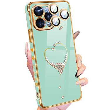 Imagem de Petitian Capa para iPhone 14, capas de telefone lindas para mulheres e meninas com glitter e coração projetadas para iPhone 14, capa de telefone feminina banhada a ouro para 14 com proteção de câmera verde menta