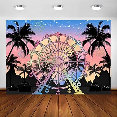 Imagem de Avezano Pano de fundo de roda-gigante pôr do sol verão tropical palmeira fotografia fundo chá de bebê decoração de festa de casamento tropical banner suprimentos suporte de cabine fotográfica (2,4 x
