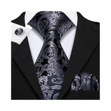 Imagem de Conjunto de Gravata e Abutões Masculinos - Seda Jacquard Preto, Branco