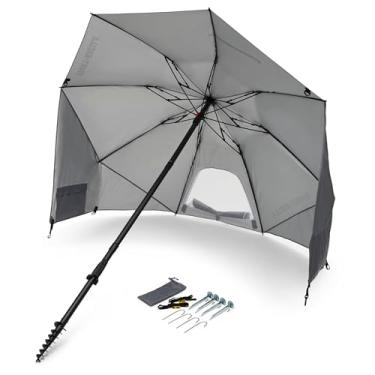 Imagem de Sport-Brella Guarda-chuva Fieldedge (cinza) com proteção solar FPS 50+, dossel duplo de 1,8 m com painéis laterais patenteados, broca premium e bolsa de transporte para sombra ao ar livre na praia