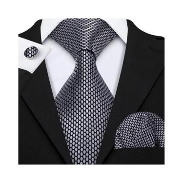Imagem de Conjunto de Gravata e Abutões Masculinos - Seda Jacquard Preto, Branco