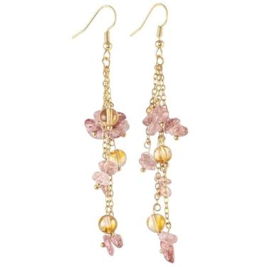 Imagem de Nupuyai Brincos pendentes femininos feitos à mão com corrente longa dourada pendurada, Quartzo morango, Pedra de quartzo rosa (strawberry)