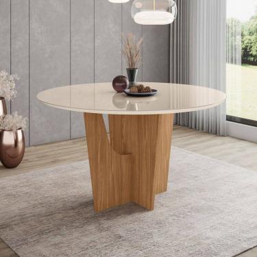 Imagem de Mesa de Madeira Vértice 140 Cm com Vidro Natural/Off White - Henn