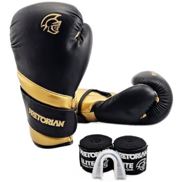 Imagem de Kit Muay Thai Boxe Luva Pretorian Elite + Bandagem + Bucal (Preto/Gold, 12oz)
