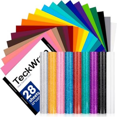 Imagem de TECKWRAP Pacote de vinil de transferência de calor HTV 30,5 x 25,4 cm - 28 cores sortidas, pacote com ferro em vinil, inclui 19 folhas de vinil PU e 9 folhas de vinil com glitter, design de prensa