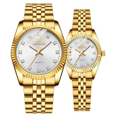 Imagem de MASTOP Relógios de casal marca suíça relógio dourado masculino feminino de aço inoxidável à prova d'água de quartzo, Branco, Relógio de quartzo