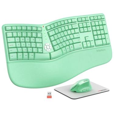 Imagem de MEETION Teclado e mouse ergonômicos sem fio, teclado de arco dividido com apoio de mão acolchoado, mouse vertical sem fio, recarregável, tamanho completo, Windows/Mac/computador/laptop, verde