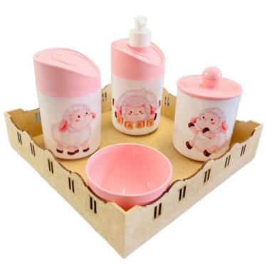 Imagem de Kit Higiene Baby Ovelhinha Menina c/bandeja MDF - 5 Peças - Dóia Kids,