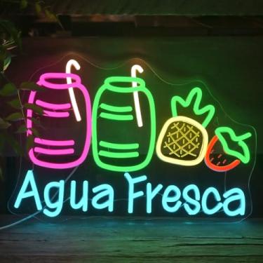 Imagem de Agua Fresca Sinal Neon Luz LED colorida regulável com frutas e palha, decoração de parede divertida de 42 x 28 cm para restaurantes latinos, barracas de comida, cafés, bares e cozinhas