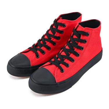 Imagem de rosyclo Tênis de lona para mulheres e homens, tênis de lona de cano alto moderno com cadarço confortável feminino clássico casual tênis caminhada, Vermelho/preto, 11 Women/9.5 Men